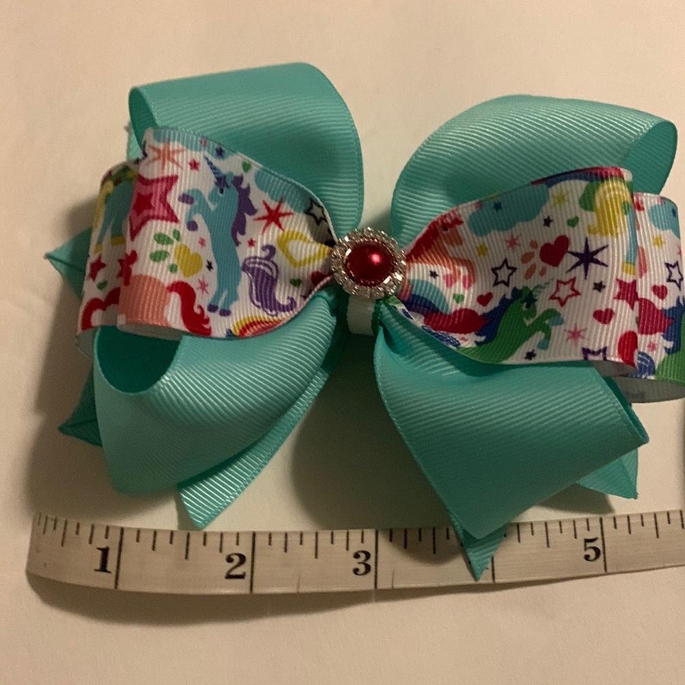 Girls brand new hair bow handmade mint color with unicorn ribbon